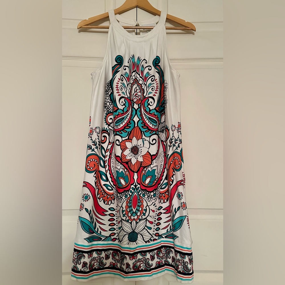 New York & Company White Dress with Turquoise and Coral Floral Print